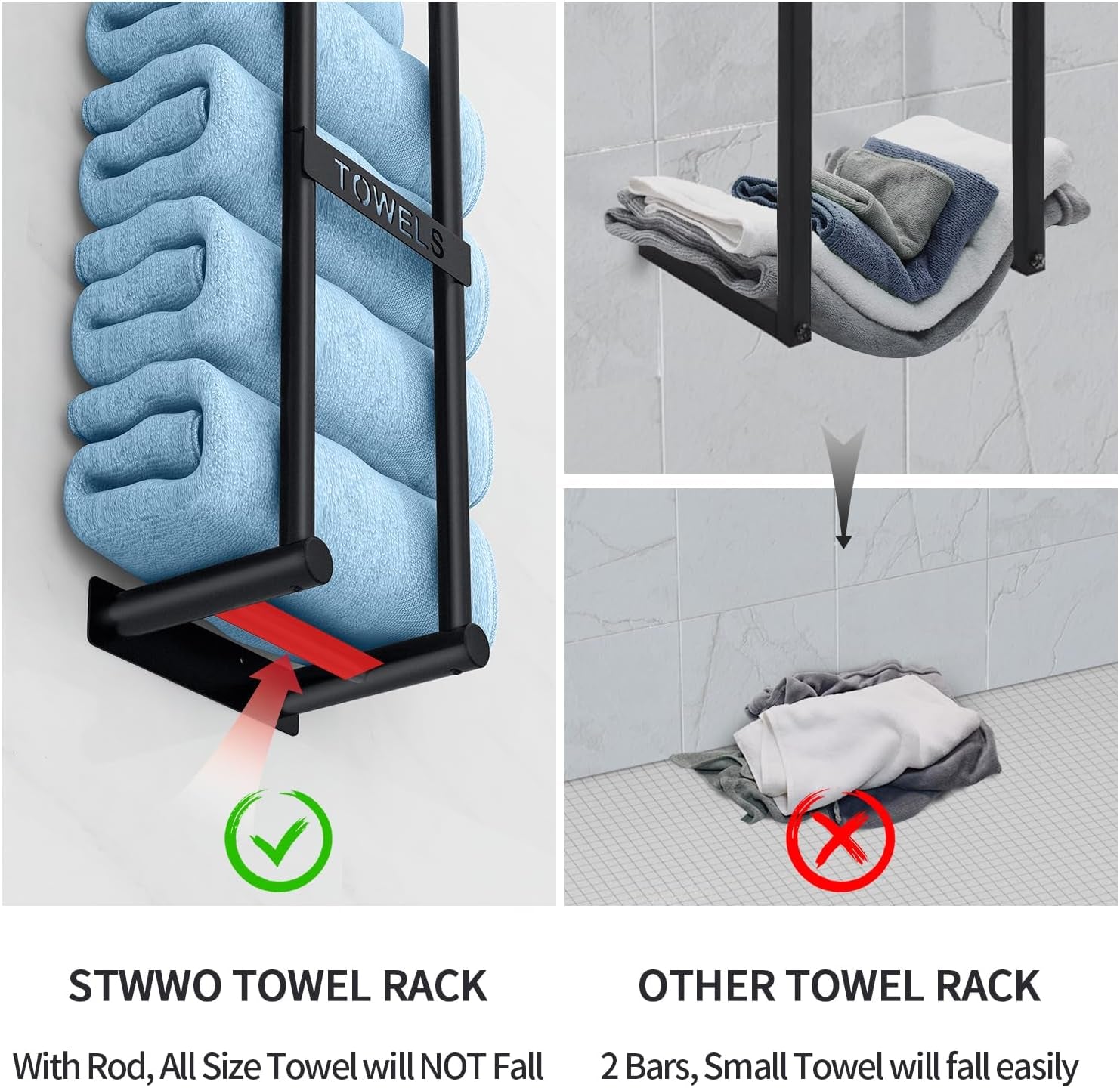 Towel Racks for Bathroom, Towel Storage for Small Bathroom, 22Inch Wall Towel Rack for Rolled Towels Folded Bath Towels, Black