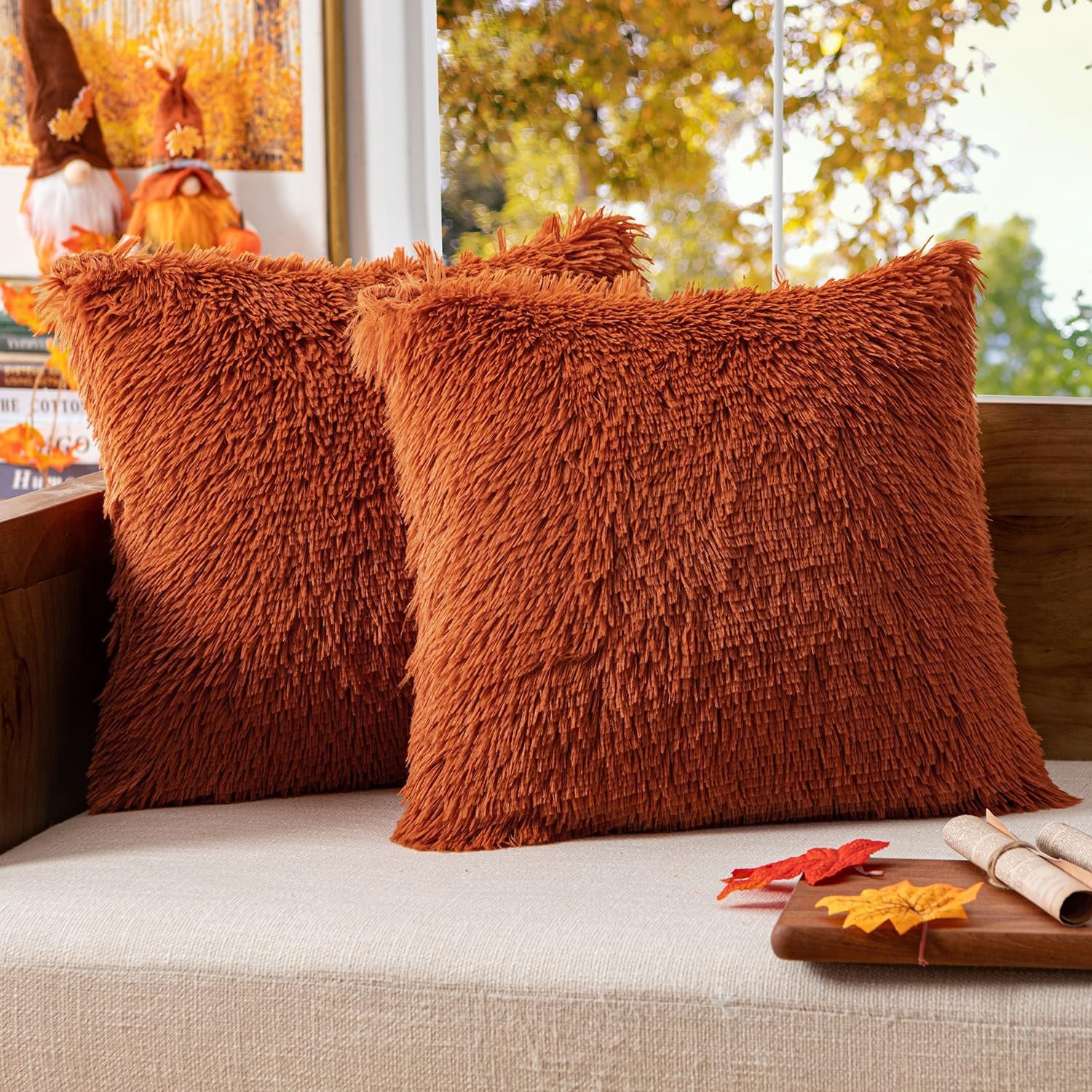 Set of 2 Fall Luxury Faux Fur Throw Pillow Covers Deluxe Decorative Plush Pillow Case Cushion Cover Shell for Sofa Bedroom Car 18X18 Inch Burnt Orange