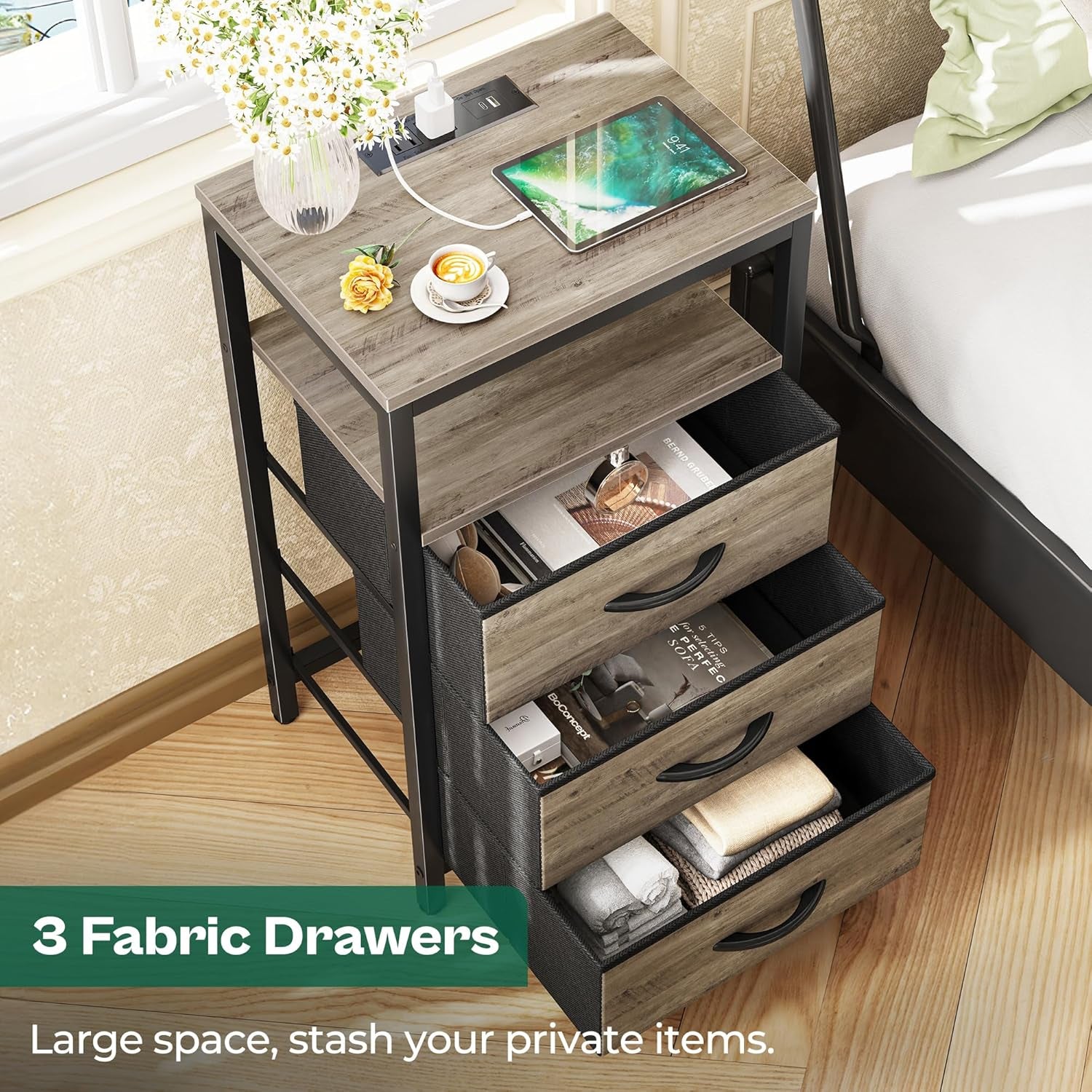 27.6-Inch Nightstand with Charging Station, End Table Featuring USB Ports and Outlets, Bedroom Night Stand with Fabric Drawers in Oak Finish
