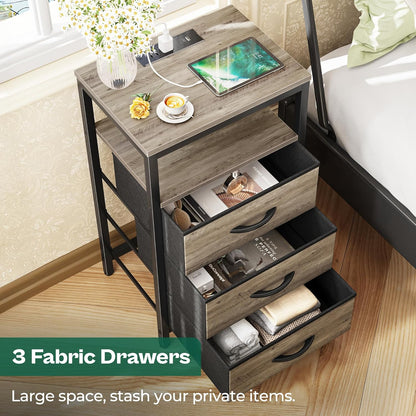 27.6-Inch Nightstand with Charging Station, End Table Featuring USB Ports and Outlets, Bedroom Night Stand with Fabric Drawers in Oak Finish