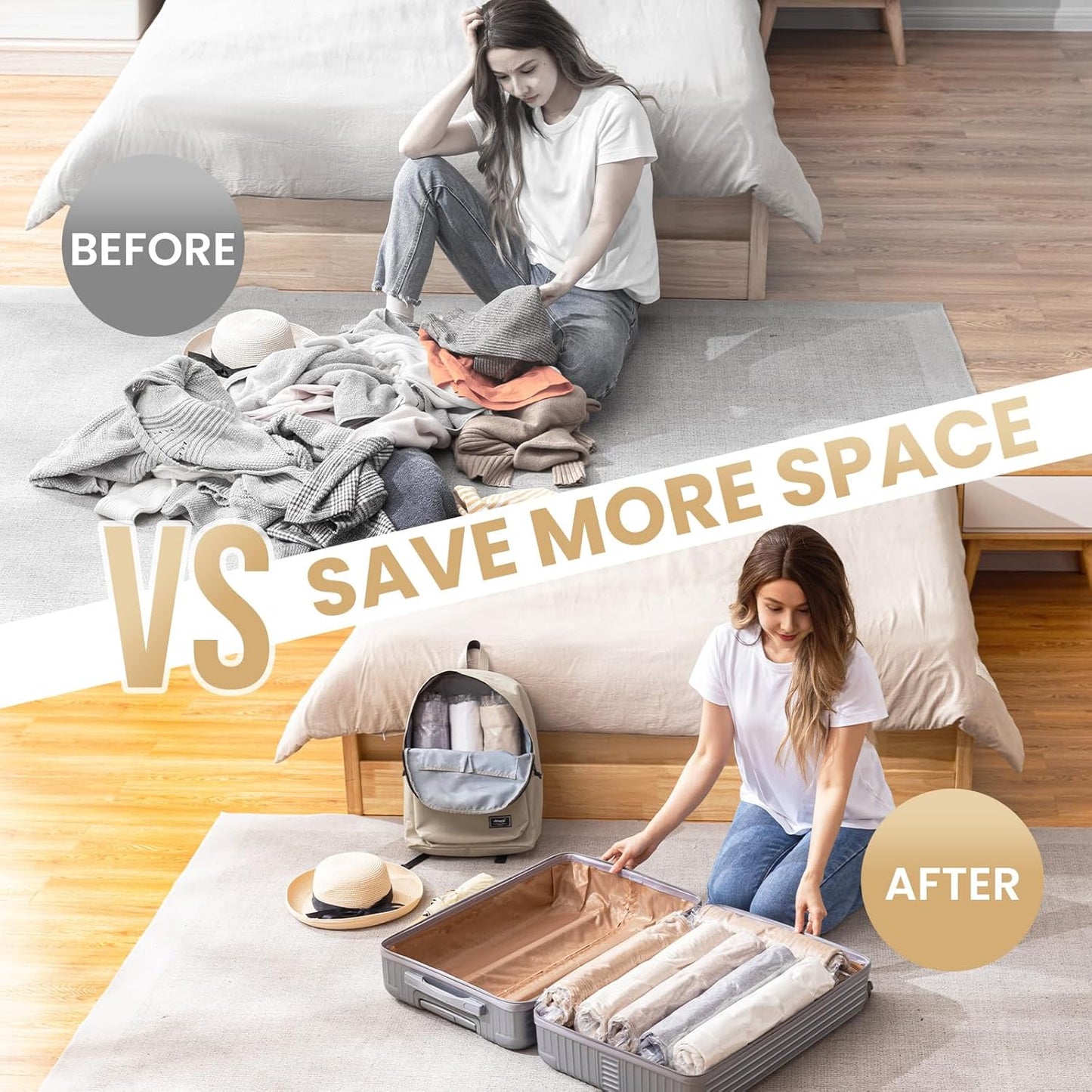 12 Pack Travel Compression Bags, Roll up Space Saver Bags (6 Large+6 Medium), No Vacuum Needed Reusable Packing for Luggage, Suitcase, Backpack, Travel Essentials, Cream