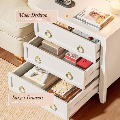 Modern White Nightstand Set of 2 with Charger Station and USB-C Port, 3 Drawer Bedside Tables, Larger and Wider Design for Bedroom