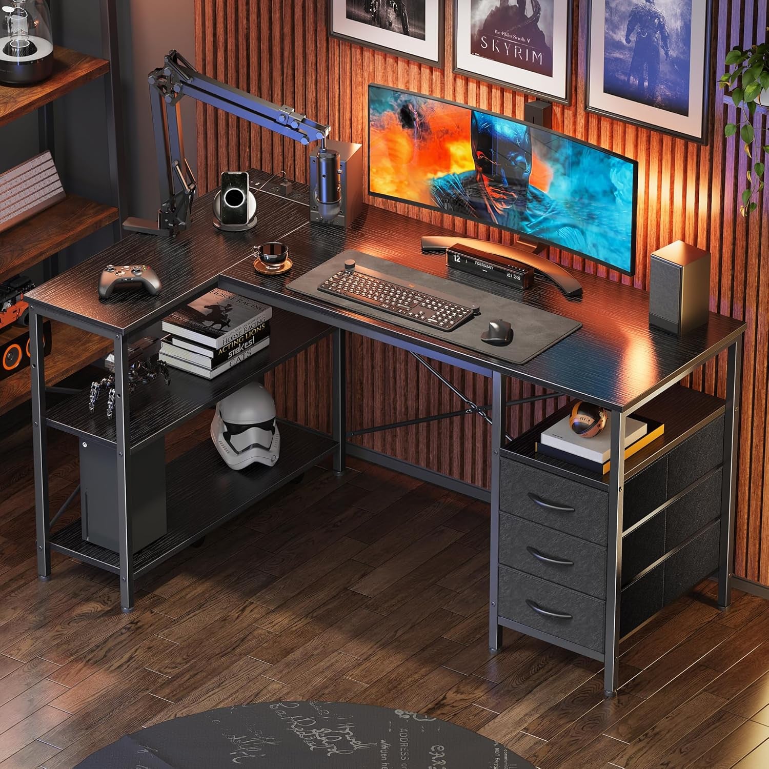 L-Shaped Office Desk with Power Outlets, 47-Inch Computer Desk featuring 3 Drawers and Shelves for Gaming, Home Office, and Study in Black