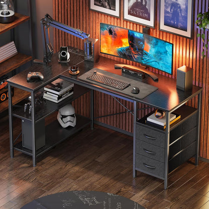 L-Shaped Office Desk with Power Outlets, 47-Inch Computer Desk featuring 3 Drawers and Shelves for Gaming, Home Office, and Study in Black