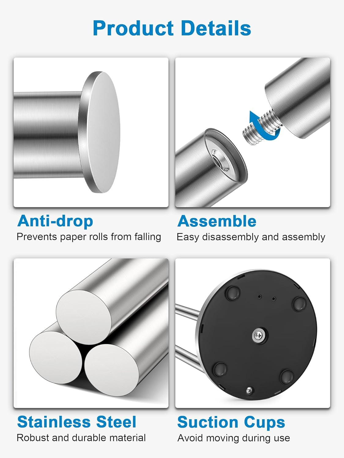 Toilet Paper Holder Stand, Bathroom Toilet Paper Holder Free Standing, 5-Roll Toilet Paper Stand with Suction Cups, Non-Slip Toilet Paper Roll Holder, Stainless Steel, Weighted Base, Silver