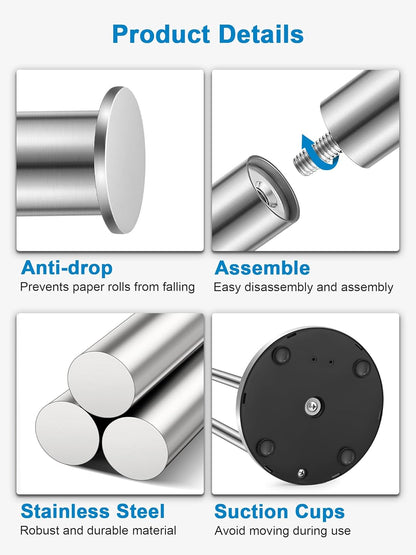 Toilet Paper Holder Stand, Bathroom Toilet Paper Holder Free Standing, 5-Roll Toilet Paper Stand with Suction Cups, Non-Slip Toilet Paper Roll Holder, Stainless Steel, Weighted Base, Silver