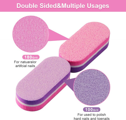 Mini Nail Buffers, 40Pc 100/180 Grit Sponge Mini Nail Files Bulk for Acrylic Nails, Buffer Block Nail File,Mini Bulk Nail Buffers Double Sided for Manicure Tools - Pink/Purple