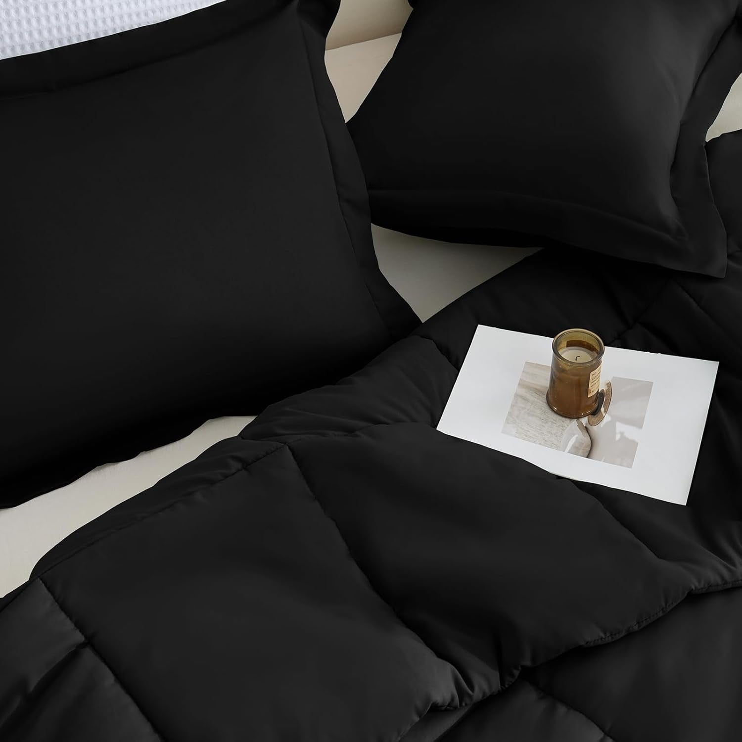 Queen Comforter Set Black - 3 Pieces Box Stitched Comforters Queen Size, Soft Bed Set for All Seasons, Lightweight Bedding Sets with 1 down Alternative Comforter and 2 Pillow Shams