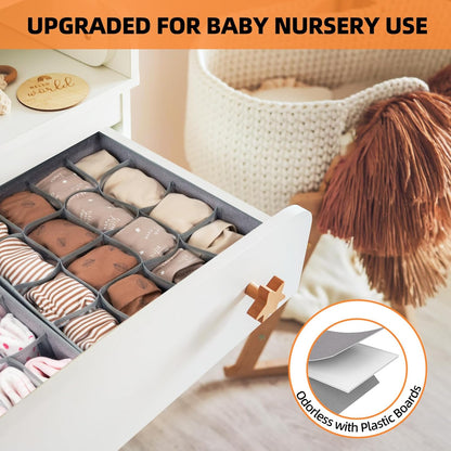 3 Pack Sock Underwear Organizer Dividers, 64 Cell Drawer Fabric Foldable Cabinet Closet Storage Boxes for Storing Socks, Underwear, Ties (16+24+24 Cell, Gray)