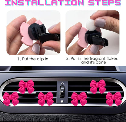6 Pcs Pink Bow Car Air Vent Clips Coquette Cute Girly Car Decor Accessories Interior Aesthetic Decorations Charm Stuff for Women Girl (Hot Pink)