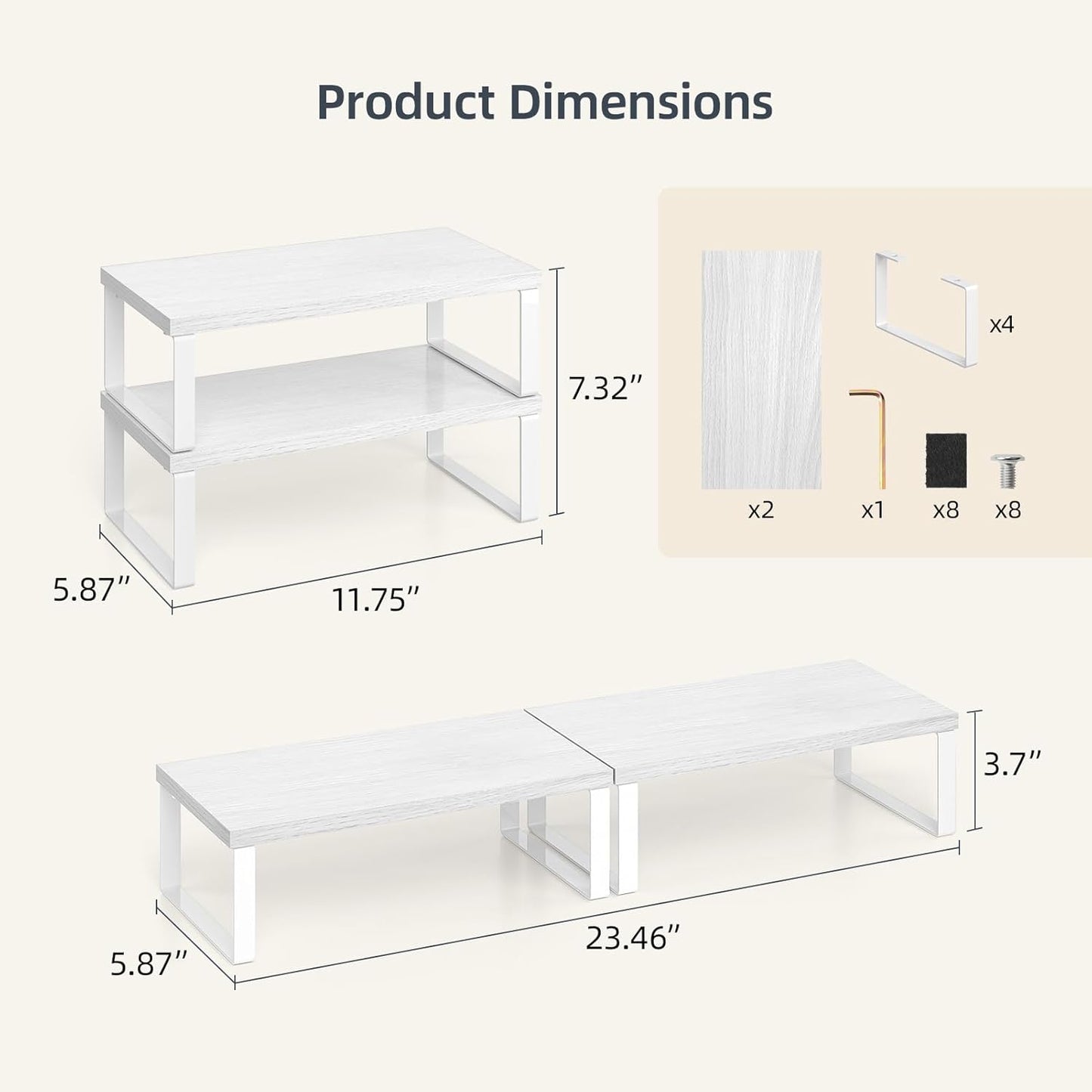Cabinet Organizer Shelf, Set of 2 Stackable Wooden Spice Racks for Kitchen Counter, Pantry Storage, or Office – Space-Saving Shelves, Side-By-Side & Vertical, White
