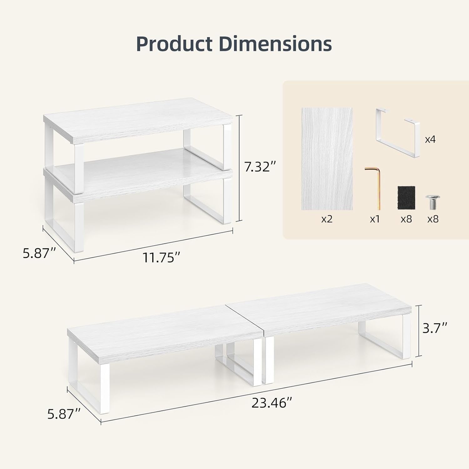 Cabinet Organizer Shelf, Set of 2 Stackable Wooden Spice Racks for Kitchen Counter, Pantry Storage, or Office – Space-Saving Shelves, Side-By-Side & Vertical, White
