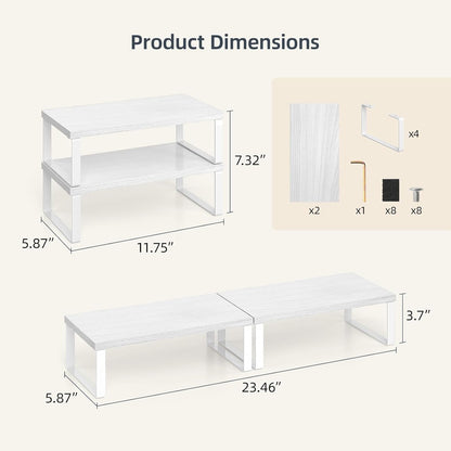 Cabinet Organizer Shelf, Set of 2 Stackable Wooden Spice Racks for Kitchen Counter, Pantry Storage, or Office – Space-Saving Shelves, Side-By-Side & Vertical, White
