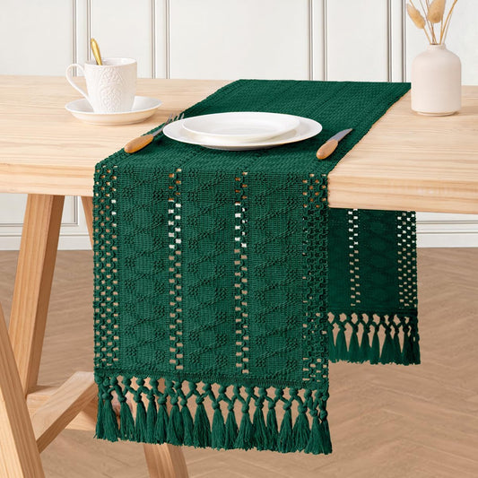 Macrame Table Runner 12 X 36 Inches Boho Farmhouse Table Runner with Tassels Cotton Linen Woven Table Runner for Spring Dining Table Home Decor, Emerald Green