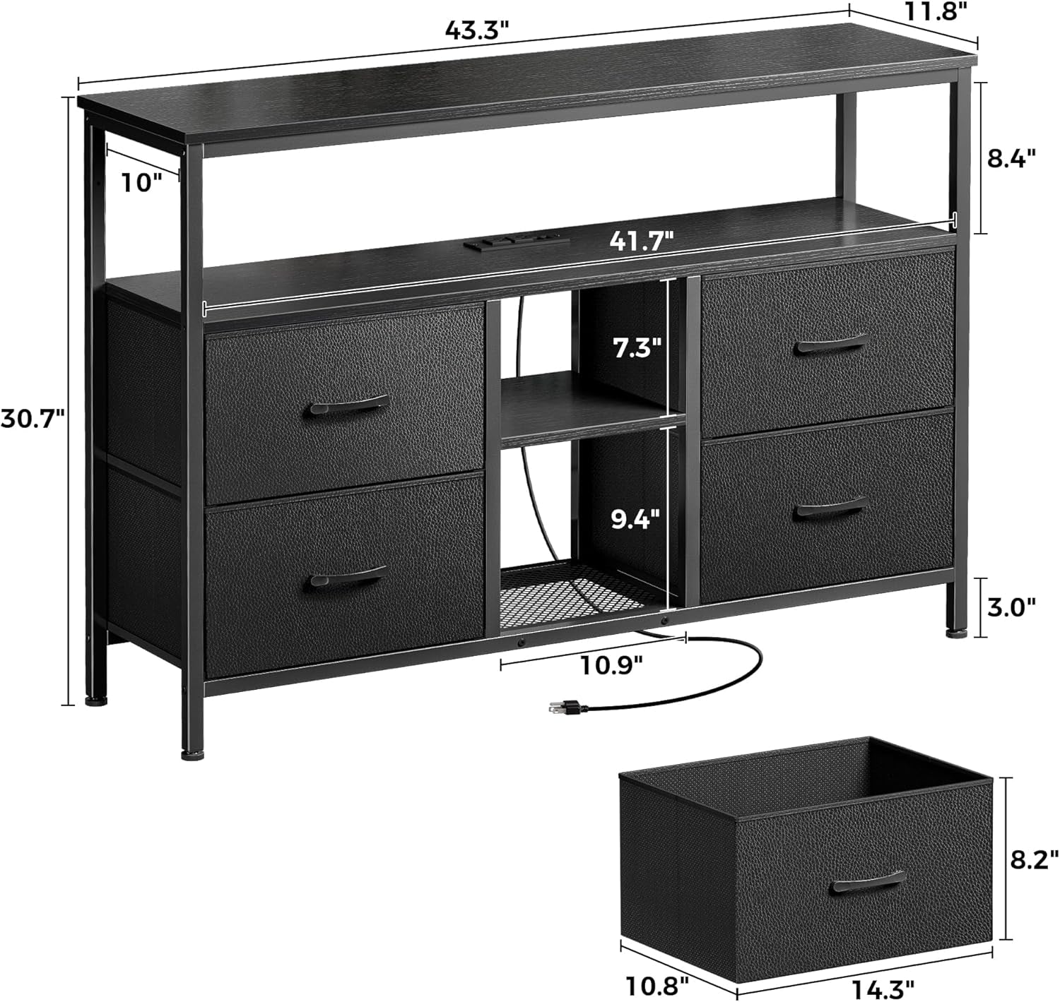 TV Stand Dresser with Integrated Power Outlets and LED Lighting, 4-Drawer Entertainment Center with Open Shelf, Media Console for 43-50 Inch TVs, Black PU Finish