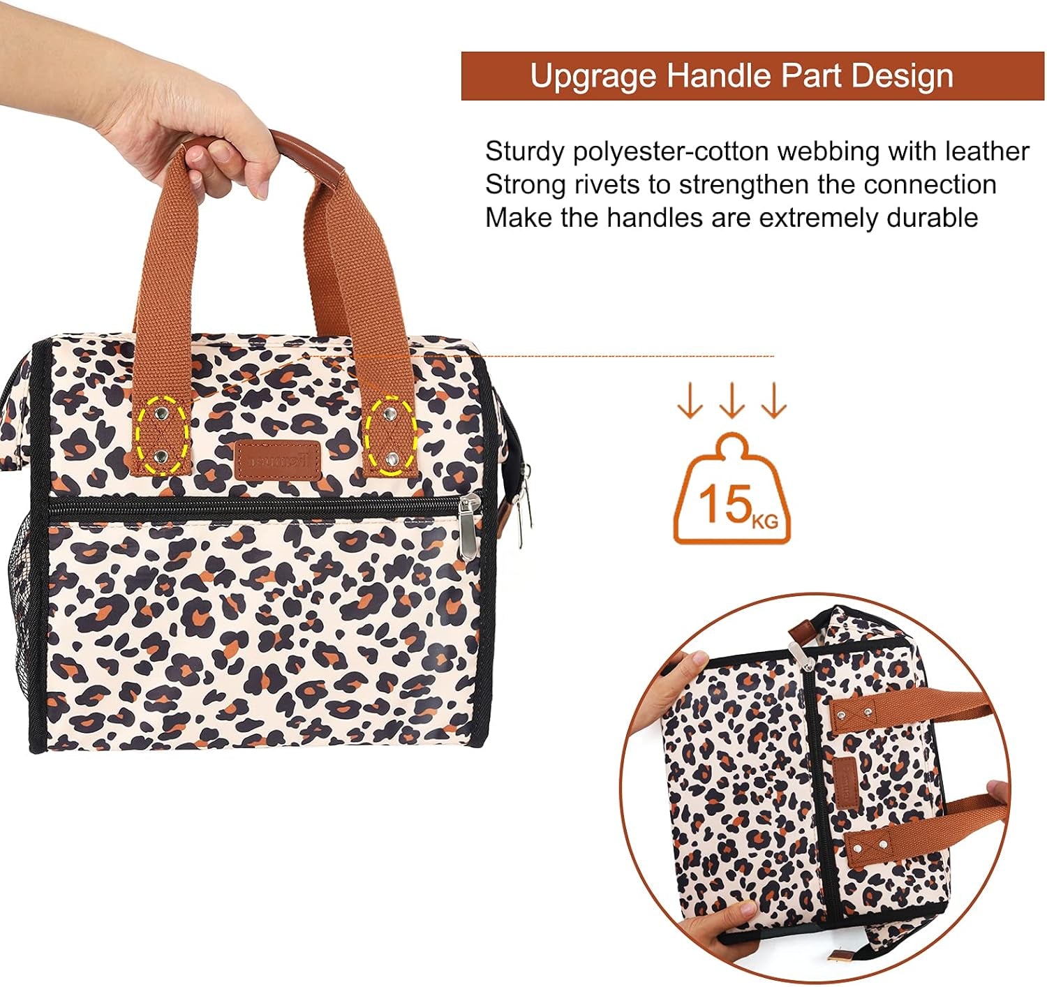 Leopard Lunch Bag Insulated Lunch Bags for Women Men and Kids Reusable & Wide-Open Lunch Tote Bag Portable Insulated Bag for Office, School and Picnic, (Beige with Leopard)