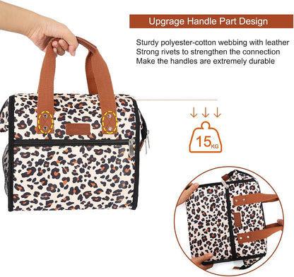 Leopard Lunch Bag Insulated Lunch Bags for Women Men and Kids Reusable & Wide-Open Lunch Tote Bag Portable Insulated Bag for Office, School and Picnic, (Beige with Leopard)