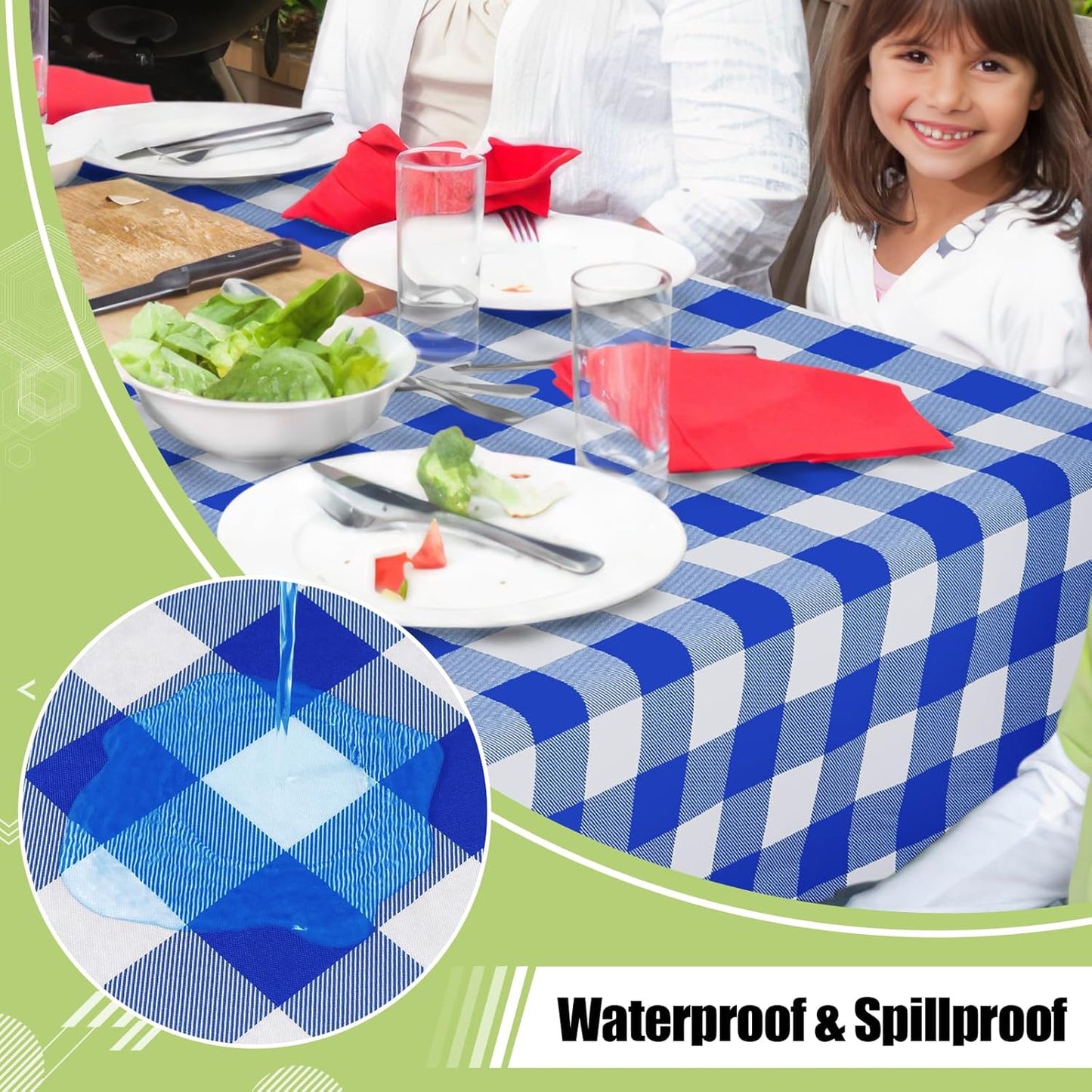 Waterproof Vinyl Rectangle Tablecloth with Flannel Backing, Wipeable Buffalo Plaid Design for Indoor and Outdoor Dining, Blue & White, 60" x 84