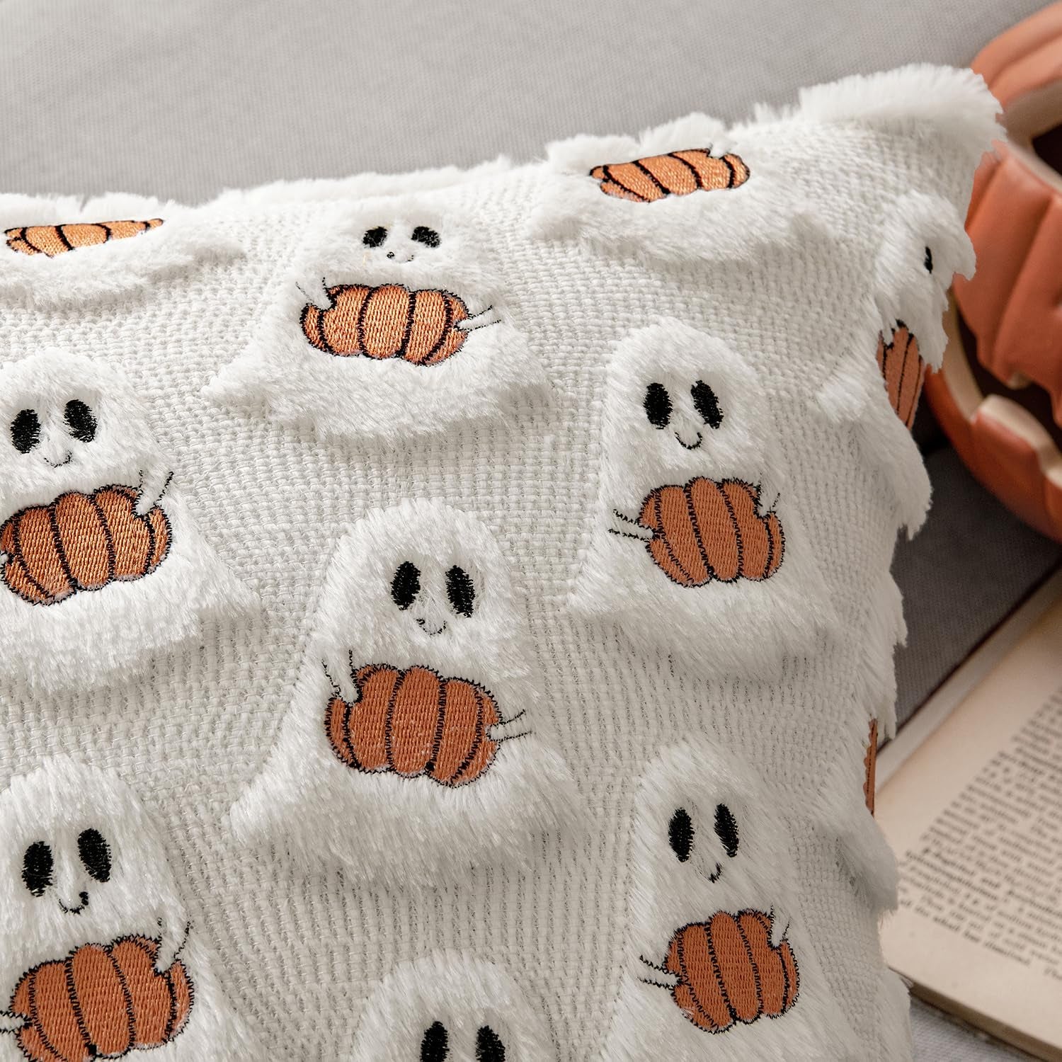 Halloween Pillow Covers Decorative Fall Cute Ghost Plush Faux Fur Pillows 18X18 Inch Set of 2 Soft Pumpkin Accents for Sofa Couch Bed Living Room Festive Home Decor, White Rust