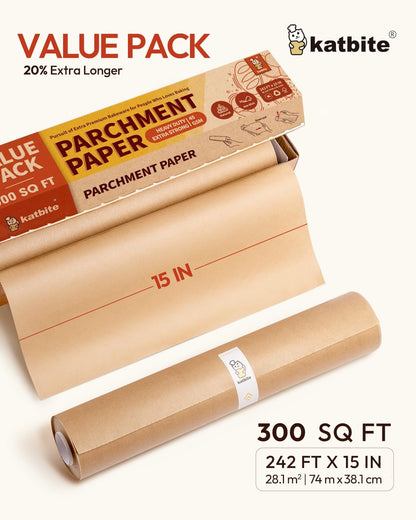 Unbleached Parchment Paper Roll - 15" x 242', 300 sq. ft., Non-Stick with Serrated Cutter for Baking, Cooking, and Air Frying