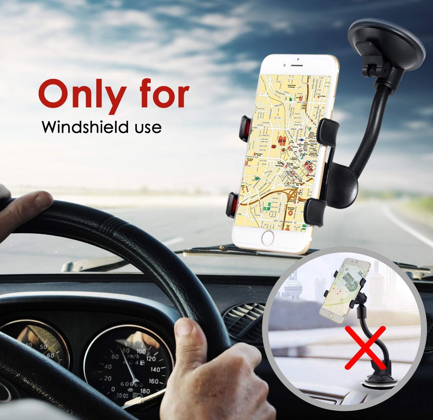 Car Phone Mount Windshield, Long Arm Clamp Universal Windshield with Double Clip Strong Suction Cup Cell Phone Holder Compatible with Iphone 15 14 13 Pro Max XS 7 8 Plus, Galaxy S24 S23 Ultra