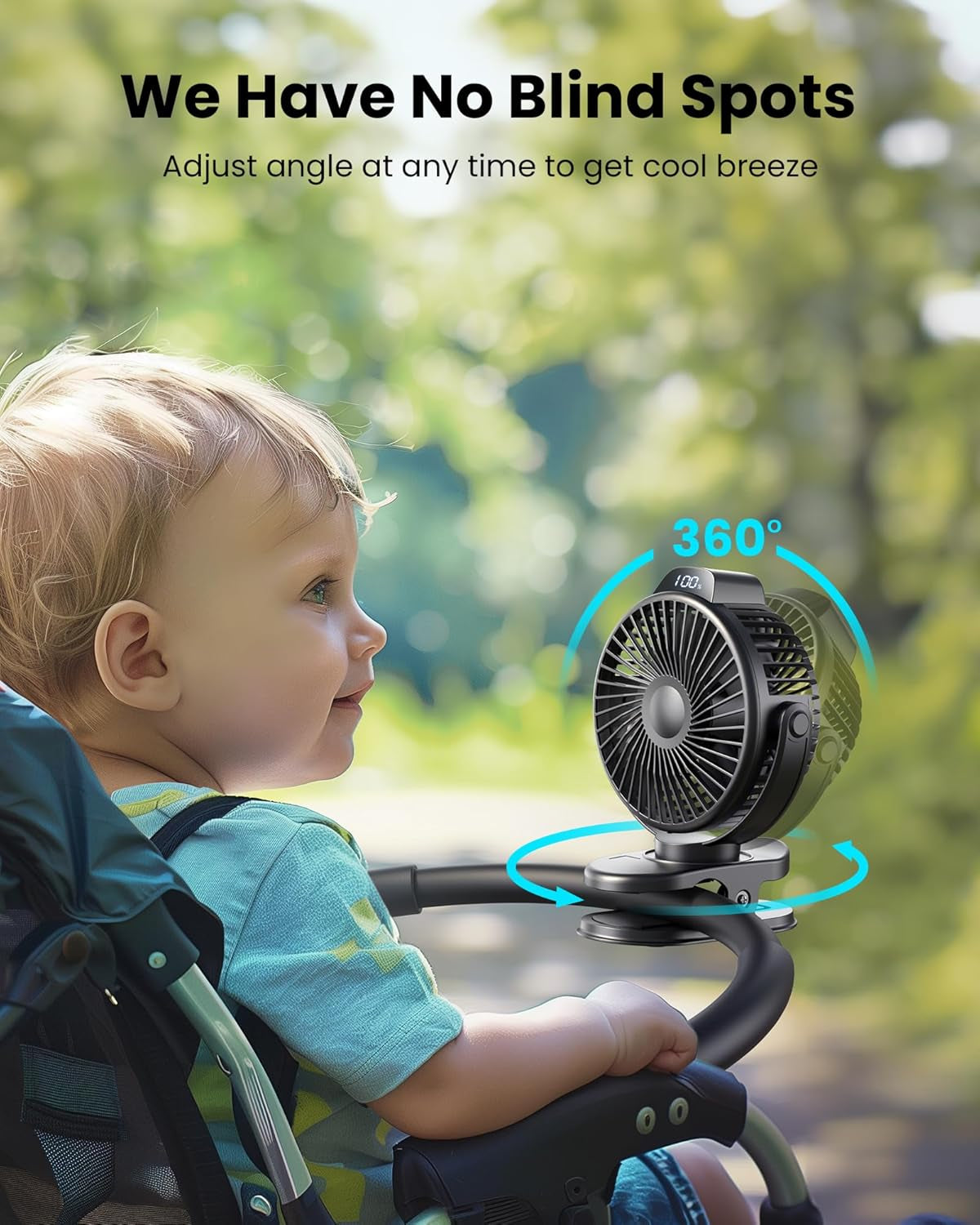 Portable Clip on Fan, Small USB Fan Battery Operated, 3 Speed Rechargeable Mini Fan with LED Display, 360° Rotate Personal Cooling Desk Fan for Stroller Travel Camping Golf Gym