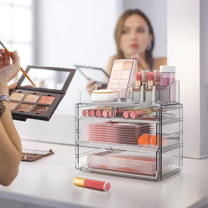 4-Tier Clear Makeup Organizer with Drawer - Stackable Acrylic Cosmetic Storage for Bathroom Vanity & Dresser Countertop, Make up & Jewelry Storage, Beauty Holder for Lipstick Brush Skincare