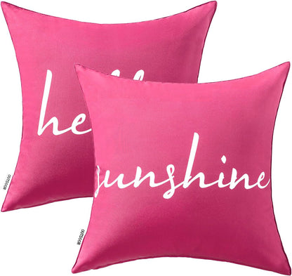 Outdoor Waterproof Throw Pillow Covers Set of 2 Hello Sunshine Decorative Outdoor Square Pillowcases for Chair Patio Garden Couch Tent Balcony Sofa Hot Pink 20X20 Inch