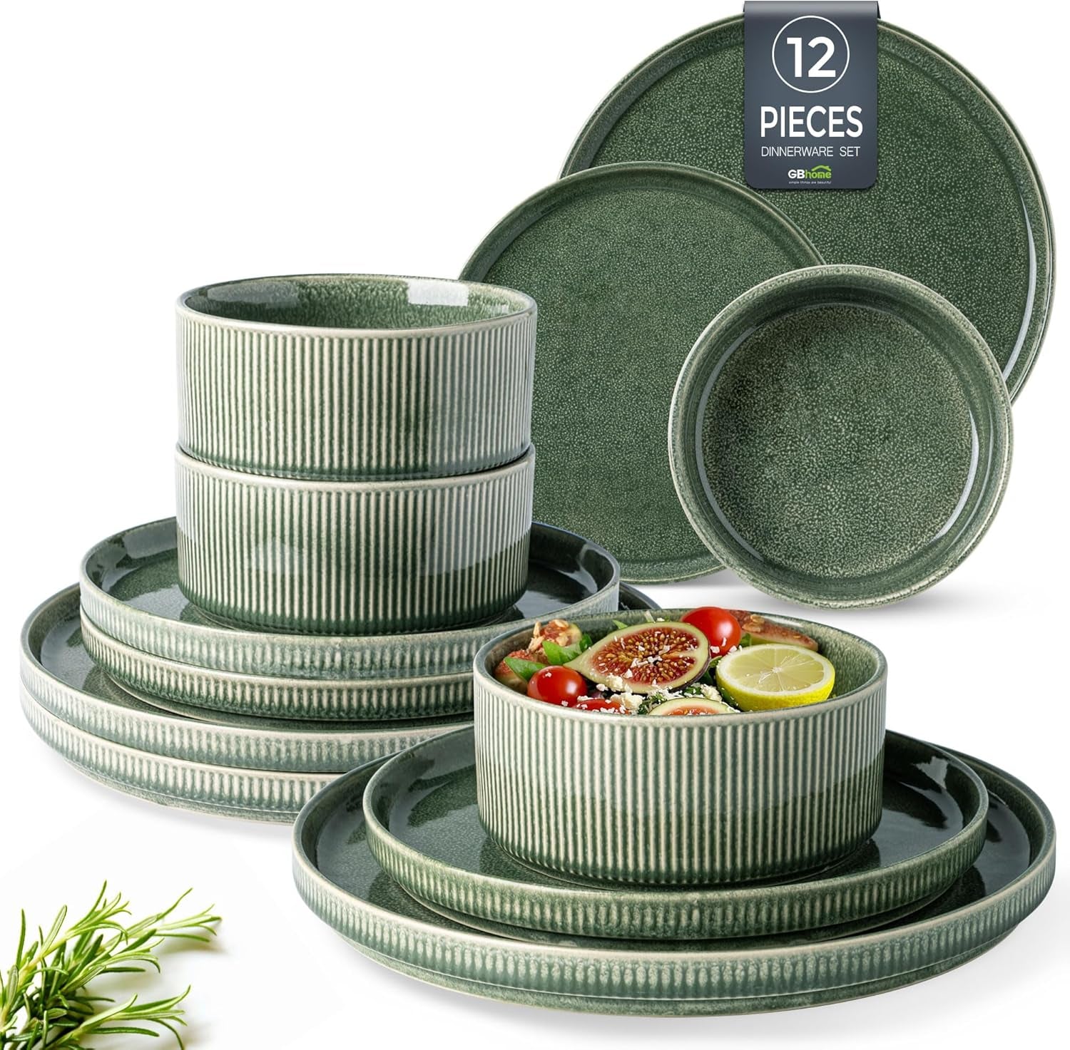 Stoneware Dinnerware Set for 4 - Round Reactive Glaze Ceramic Plates and Bowls, 12-Piece Set, Highly Scratch Resistant, Dishwasher and Microwave Safe