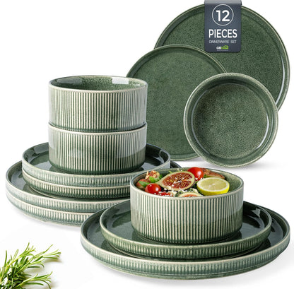 Stoneware Dinnerware Set for 4 - Round Reactive Glaze Ceramic Plates and Bowls, 12-Piece Set, Highly Scratch Resistant, Dishwasher and Microwave Safe