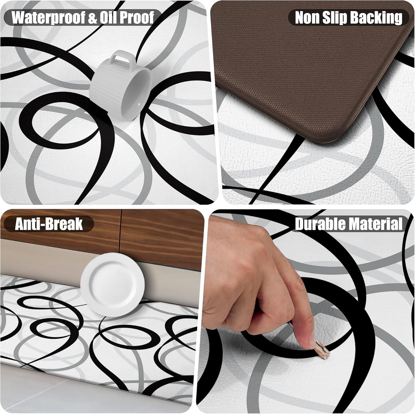 Kitchen Mats Cushioned anti Fatigue Kitchen Rugs Sets of 2 Black White Grey Memory Foam Padded Kitchen Floor Mat Non Slip Waterproof Comfort Standing Mats for Sink Laundry Office