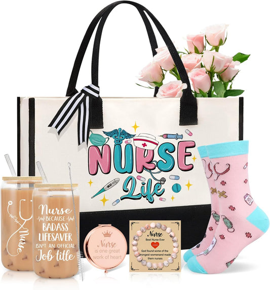 Nurse Gifts for Women, Nurse Appreciation Gifts, Nurses Week Gift, Graduation, Birthday, Christmas, New Year- Nurses 16 Oz Can Glass Canvas Beach Bag Socks Mirror Bracelet