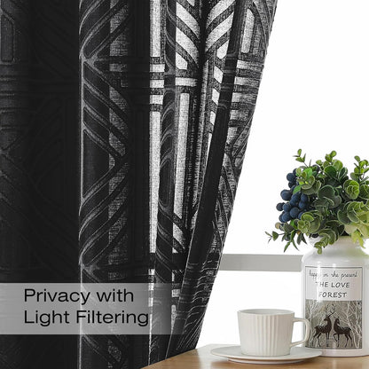 Black Sheer Kitchen Curtains 36 Inch Length Tier Curtains 2 Panels, Light Filtering Geometric Jacquard Clip Textured Semi Sheer Short Window Curtains for Bathroom, 42X36 Inch