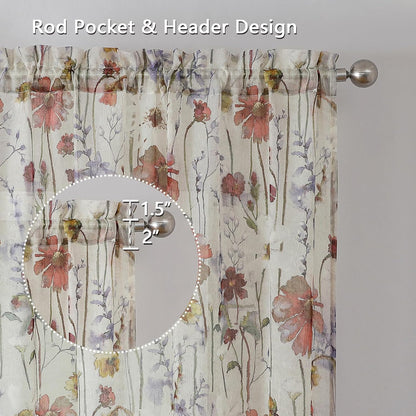 Crushed Sheer Curtains Kitchen Tiers 36 Inch Length 2 Panels, Printed Design Small Window Half Curtains for Bathroom Cafe Bedroom Cupboard Living Room, Short Light Filtering Curtain, 42"X36"