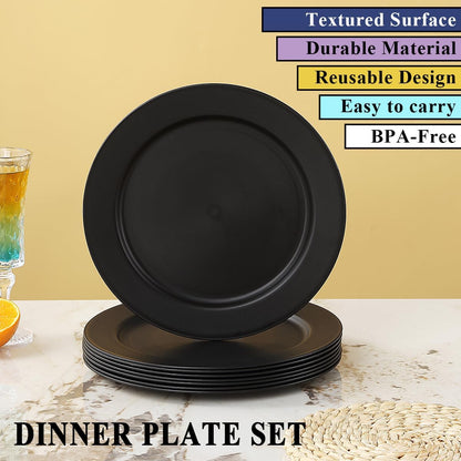 Set of 8 Reusable 10-Inch Black Plastic Plates - Versatile Dinner, Salad, and Pasta Dishes for Home, Garden, Picnic, Camping, and Outdoor Use