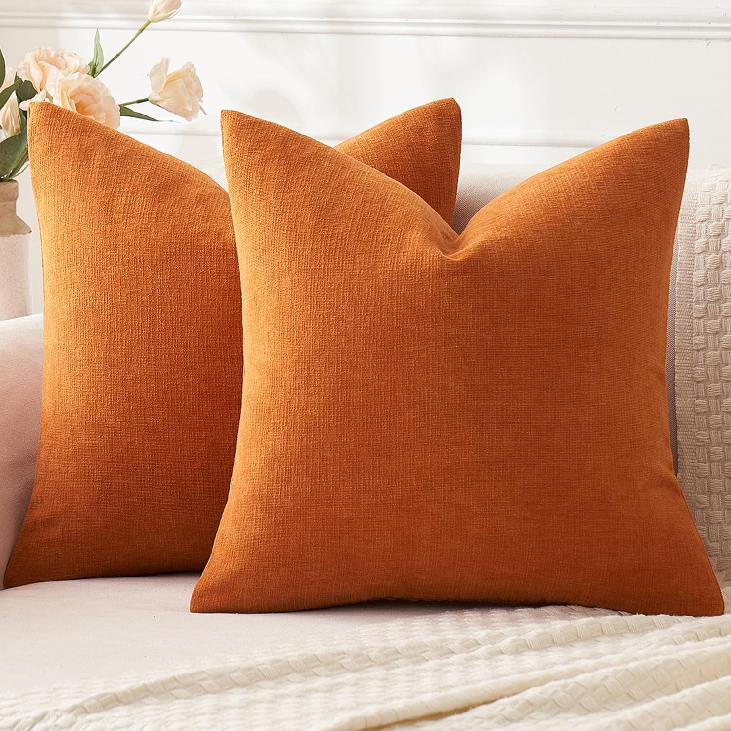 Orange Couch Pillow Covers 18X18 Inch, Set of 2 Soft Chenille Fall Decorative Square Throw Pillow Covers Farmhouse for Sofa Living Room Bed