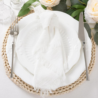 6 Pack Ivory White Cotton Linen Napkins with Fringe Thanksgiving Fall Cloth Napkins Set of 6 Boho Handmade Dinner Table Napkins Bulk for Wedding Baby Shower Christmas Parties, 17 X 17 Inches