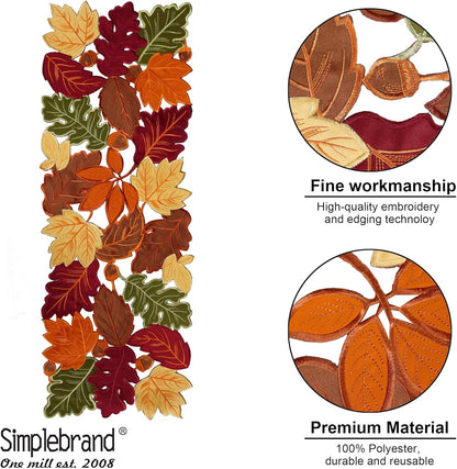 Harvest Fall Table Runner 36 Inches Long for Thanksgiving, Cutwork with Applique Embroidered Maple Leaves Dresser Scarf Table Topper for Home Dinner Holiday Festival Decorations, 13" X 36"