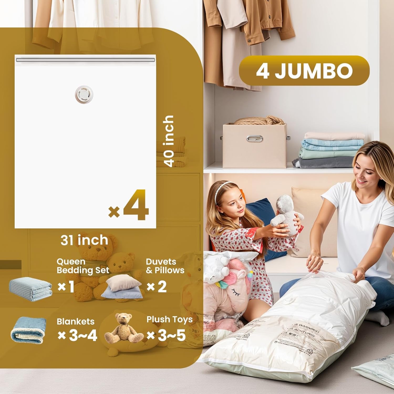 4 Pack Vacuum Storage Bags, Jumbo Vacuum Seal Bags for Clothing (40X31 Inch), Space Saver for Bulky Bedding, Comforters, Blankets, Pillows, Large Closet Organization and Storage