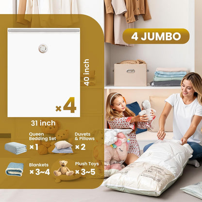 4 Pack Vacuum Storage Bags, Jumbo Vacuum Seal Bags for Clothing (40X31 Inch), Space Saver for Bulky Bedding, Comforters, Blankets, Pillows, Large Closet Organization and Storage