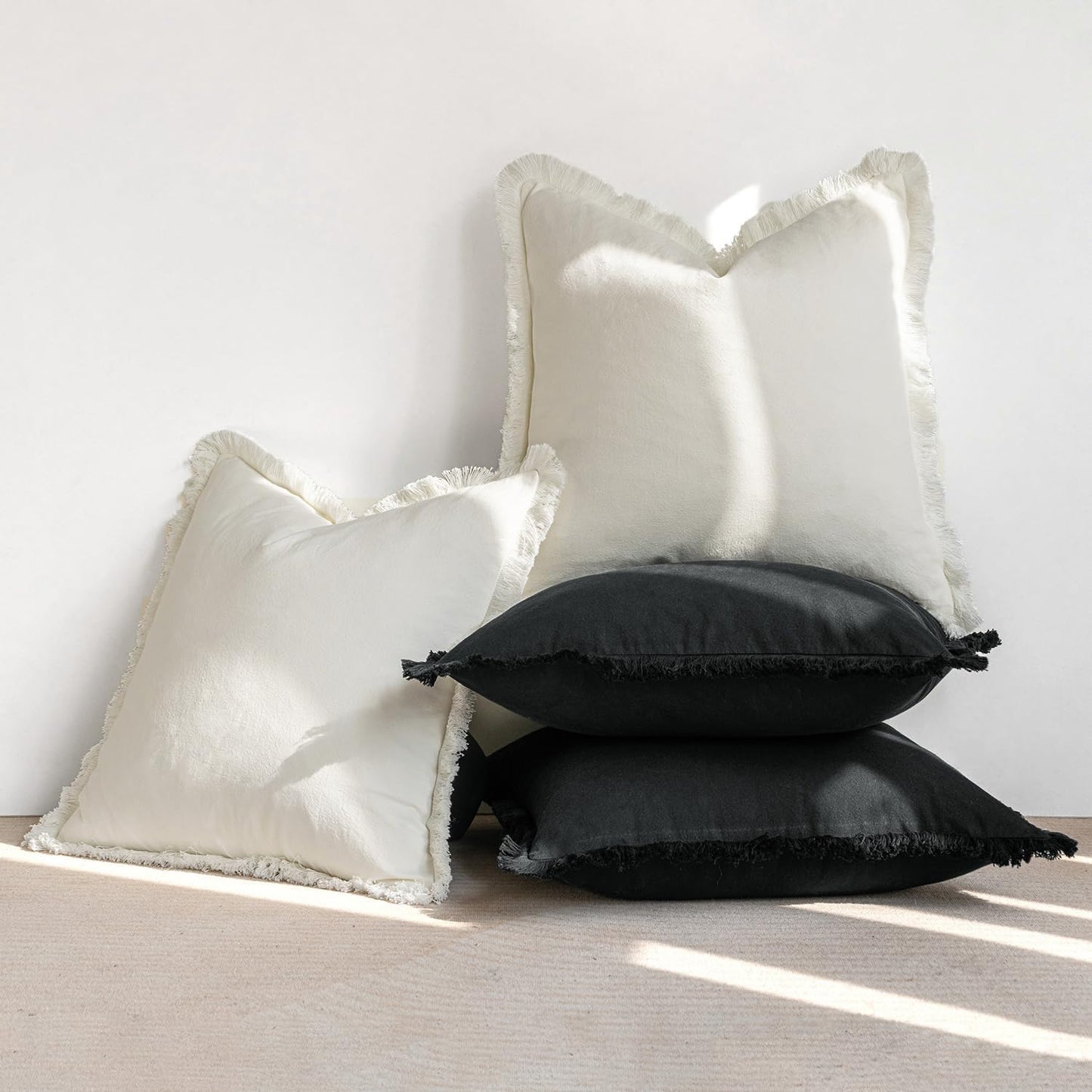 Throw Pillow Covers Boho Farmhouse 18X18 Set of 2 Decorative Cream White Couch with Fringe Chic Cotton Pillowcases Home Decor Accents for Spring Cushion Soft Bed Living Room