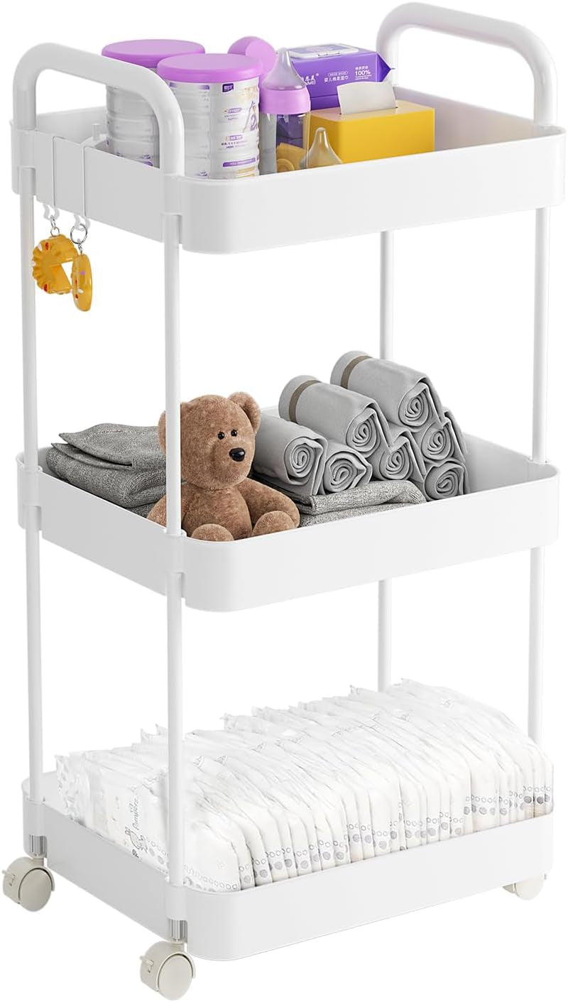 Diaper Caddy Organizer, 3-Tier Movable Diaper Cart with Wheels, Newborn Essentials Must Haves, Diaper Caddy for Wipes & Diapers, Baby Registry Search - Plastic White