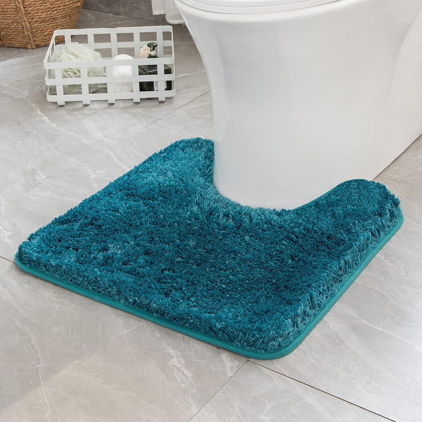 Microfiber Toilet Bath Mat U-Shaped Contour Shaggy Bathroom Rugs Non Slip Extra Thick Soft Bath Rug Absorbent Water for Bathroom Commode Machine Washable(20X20 Inch, Teal)