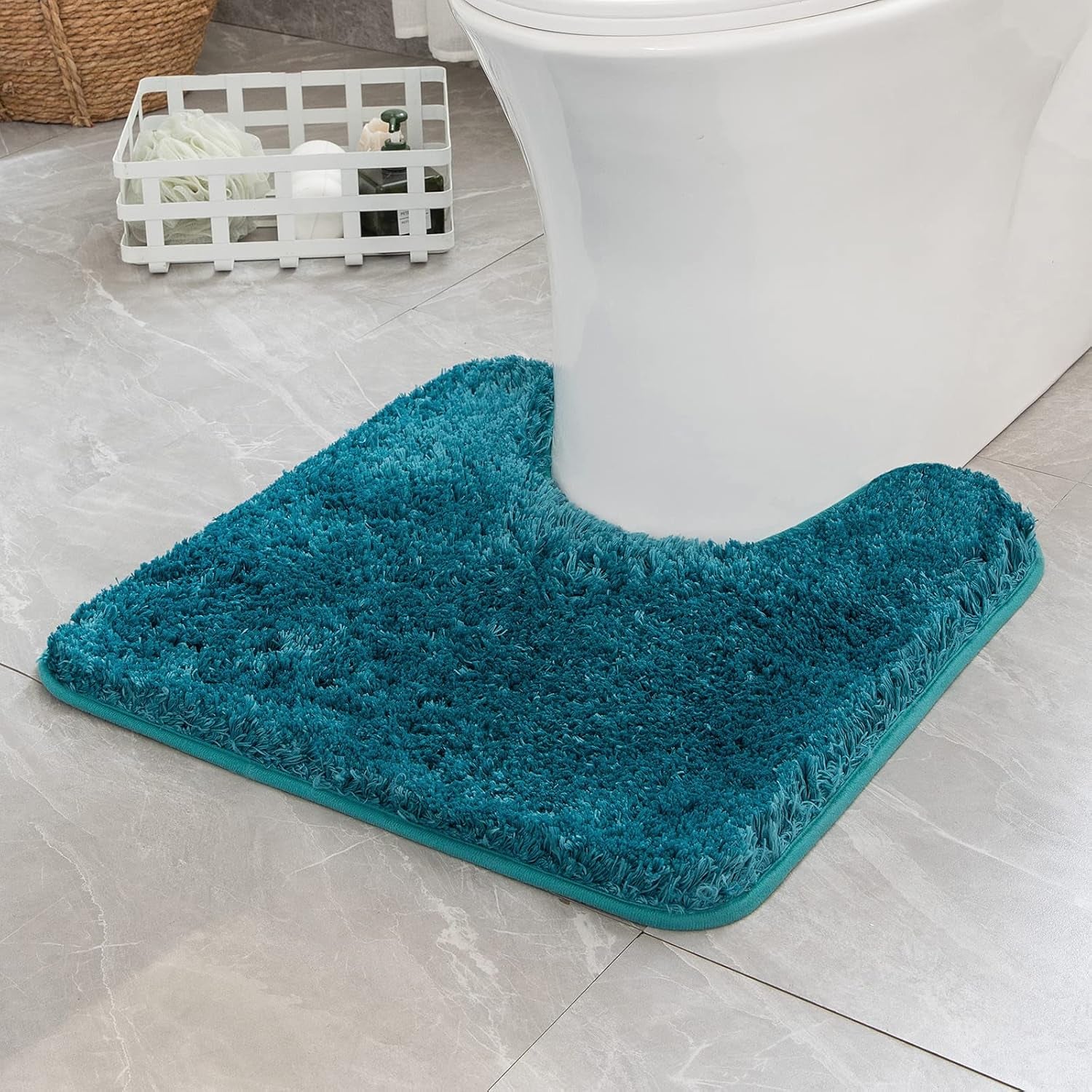 Microfiber Toilet Bath Mat U-Shaped Contour Shaggy Bathroom Rugs Non Slip Extra Thick Soft Bath Rug Absorbent Water for Bathroom Commode Machine Washable(20X20 Inch, Teal)