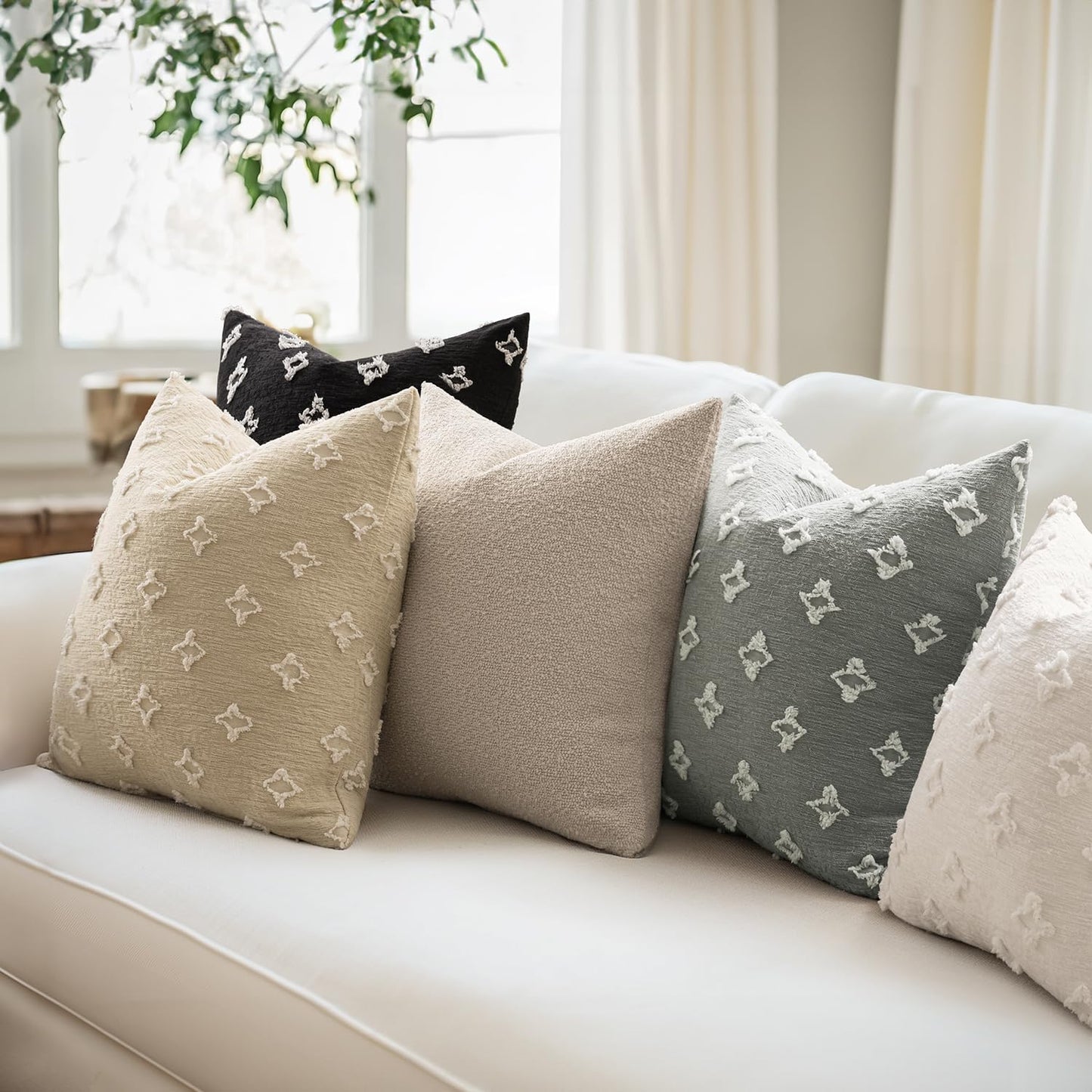 Set of 2 Decorative Throw Pillow Covers Rhombic Jacquard Pillowcase Soft Square Cushion Case for Couch Sofa Bed Bedroom Living Room, 18X18 Inch, Light Grey