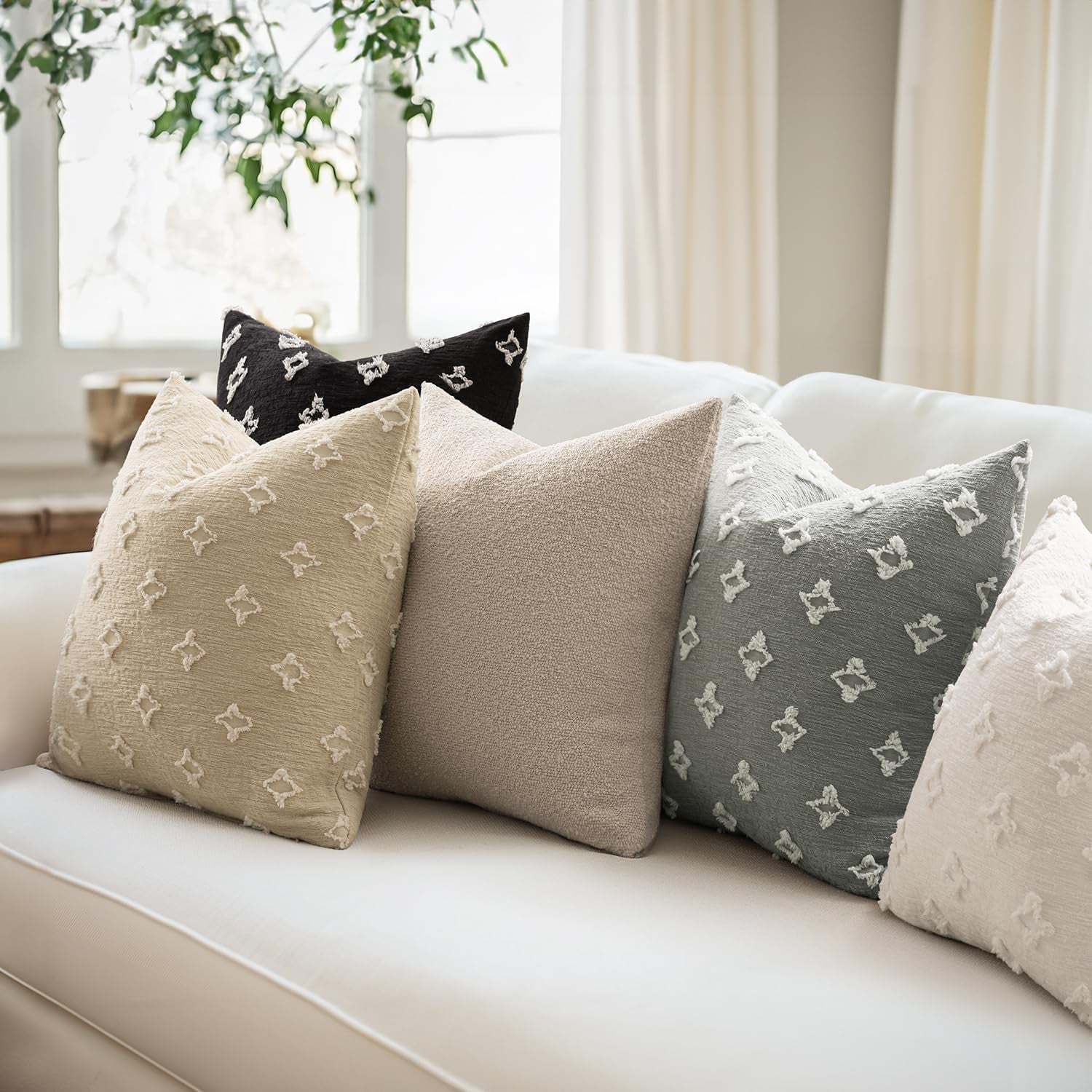 Set of 2 Decorative Throw Pillow Covers Rhombic Jacquard Pillowcase Soft Square Cushion Case for Couch Sofa Bed Bedroom Living Room, 18X18 Inch, Light Grey