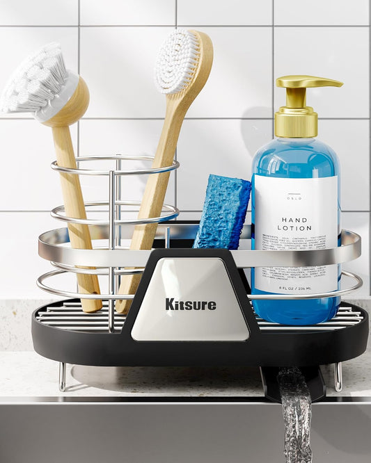 Sponge Holder for Kitchen Sink - Space-Saving Kitchen Sink Caddy, Rustproof Metal Organizer with Removable Brush Holder, 7.9"×3.9"×5.3", Black