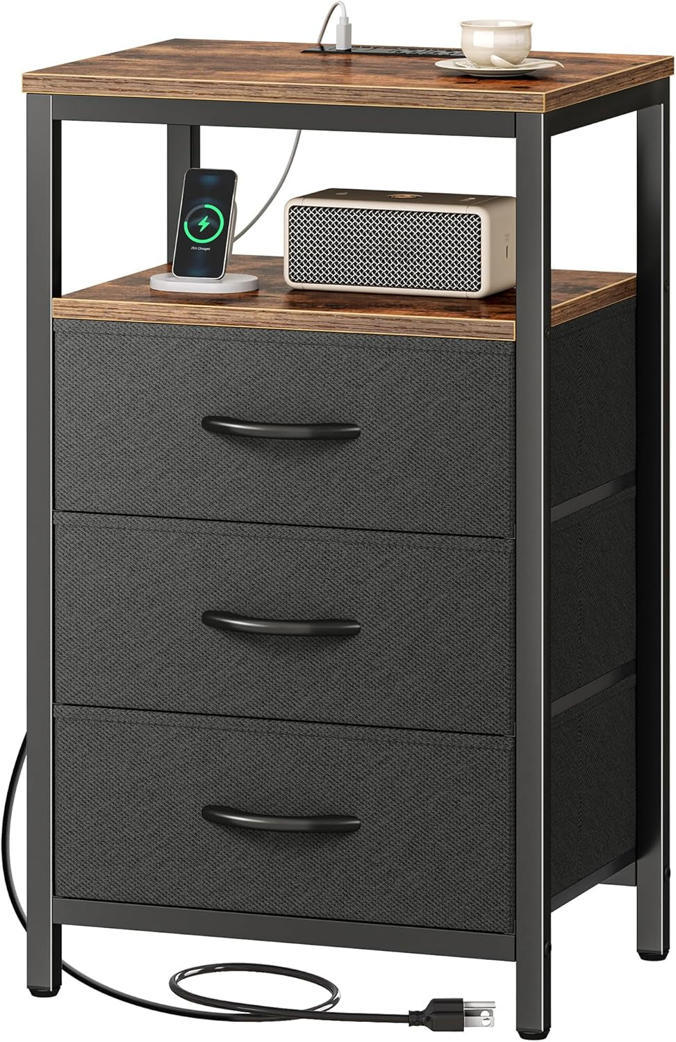 Rustic Brown and Black Nightstand with Integrated Charging Station, 27.6 Inch End Table Featuring USB Ports and Outlets, Fabric Drawers for Bedroom Use