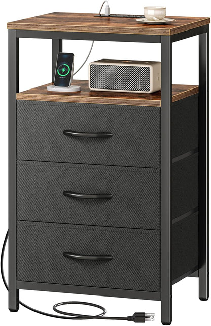 Rustic Brown and Black Nightstand with Integrated Charging Station, 27.6 Inch End Table Featuring USB Ports and Outlets, Fabric Drawers for Bedroom Use