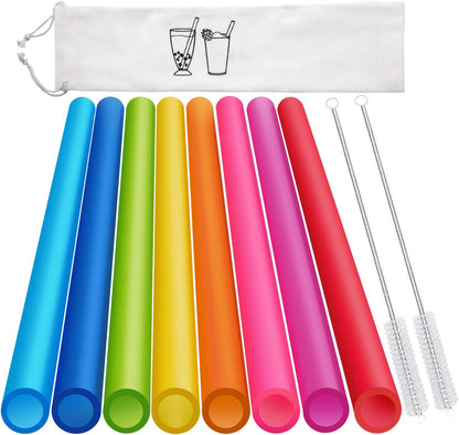 8 Pcs Extra Wide Reusable Boba Straws with 1 Bag & 2 Brushes - BPA FREE Multicolor Big Jumbo Large Plastic Straws for Smoothies, Bubble Tea(Tapioca, Boba Pearls), Milkshakes